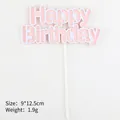 Pink Happy Birthday cake topper with artistic bold font and white support rod - Light Pink