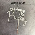 Mirror black acrylic Happy Birthday cake topper with heart decor and 10cm width - Small Heart Silver