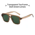 Vintage double bridge square sunglasses with tea transparent frame and dark green lenses - Transparent Tea Frame Dark Green Lens