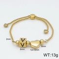 Adjustable golden stainless steel chain bracelet with heart charm and letter V cube - Letter V