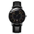 Detail of Geneva quartz watch with black dial and leather strap showing date window - Black Dial Black Case Black Strap Orange Hands