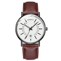 Detail of Geneva quartz watch with white dial, date window at 6, and brown leather strap - White Dial Black Case Brown Strap