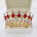 Baroque gold bridal crown with red teardrop gems and rhinestones in a jewelry box - Gold Base Red + Red AB + White Rhinestone