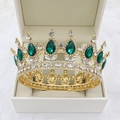 Detailed shot of golden baroque crown with green water drop rhinestones in a jewelry box - Gold Base Green Rhinestone + White Rhinestone