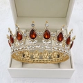 Detail view of Baroque gold bridal crown with red water drop gems in a jewelry box - Gold Base Dark Coffee Rhinestone + White Rhinestone