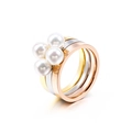 Three-tone stainless steel interlocked rings with four white pearls on top - Three-Ring Pearl Style (KR31287-K)