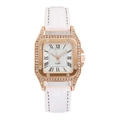 Elegant rose gold square watch with crystal bezel and white crocodile leather strap - White