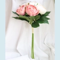 Pink and white faux peony bouquet with three realistic flower heads and green leaves - Dry Rose Pale Pink 6-Stem Peony Bouquet