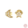 Asymmetric S925 sterling silver star and moon stud earrings with sparkling cubic zirconia - Gold