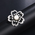 Silver sunflower brooch with large pearl center and sparkling rhinestone petals - Silver 5-Petal Flower Pearl