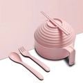 Rosa Weizenstroh-Nudelschüssel-Set mit Deckel, Löffel, Gabel und Essstäbchen - 5-teiliges Set (inkl. Besteck) / Nordisches Rosa