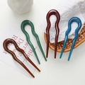 U-shaped resin hair forks in dark brown, green, burgundy, and blue with wavy design - Classic U-Shaped Style / Mixed Colors