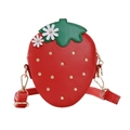 Sweet red strawberry crossbody bag with gold studs and green leaf detail for women - Red