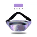 Metallic purple laser waist bag for women featuring three zippered pockets and adjustable strap - Purple