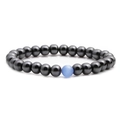 Minimalist hematite beaded bracelet featuring a light blue cat eye stone center - Hematite + Light Blue Cat's Eye