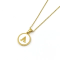 Gold stainless steel necklace with a round white pendant featuring a golden letter A - Style A (Letter A)