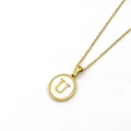 Golden stainless steel round pendant necklace with white mother of pearl inlay letter U - Style U (Letter U)