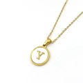 Gold stainless steel necklace featuring a white circular pendant with the letter Y - Style Y (Letter Y)