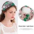 Summer lace headband with light green peony embroidery and mesh vintage floral design - Green Leaf White Peony Flower