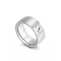 Minimalist brushed stainless steel wide ring featuring a single round zircon inlay - US 6 / Silver Brushed White Zirconia Style (KR32280-K)