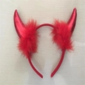 Red devil horn headband with shiny finish and feather trim for Halloween party costume - Red Shiny Horn with Red Feather and Red Headband