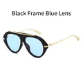Gafas de sol aviador retro con montura negra, lentes azules y puente de metal dorado - Montura Negra Lentes Azules