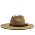 Cappello Fedora classico in lana cammello a tesa larga con fascia in pelle e fibbia metallo - M / Cachi Chiaro