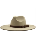 Cappello Fedora in lana beige con fascia in pelle marrone e fibbia in metallo retrò - M / Beige