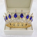 Baroque bridal crown with blue teardrop crystals and gold base in a gift box - Gold Base Royal Blue + White Rhinestone
