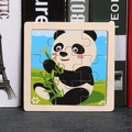9-piece wooden puzzle for kids featuring a cartoon panda eating bamboo on a black desk - Panda