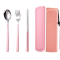 Pink 304 stainless steel travel cutlery set including spoon fork and chopsticks with box - Pink Silver Spoon Chopsticks Fork 3-piece Set with Mesh Bag