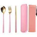 Portable pink and gold stainless steel cutlery set with matching case and mesh bag - Pink Gold Spoon Chopsticks Fork 3-piece Set with Mesh Bag