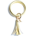 Metallic gold PU leather bracelet keychain with tassel and round pendant tag - Gold