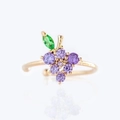 Gold-plated grape-shaped ring with purple cubic zirconia stones and green leaf detail - Grape Style (EH00018)