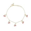 Golden cherry bracelet with pink stone fruit charms and green leaves on white background - Pink Cherry Style (XL00129)