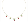 Gold necklace with five red strawberry pendants featuring green zircon leaves - Red Strawberry Style (XL00096)