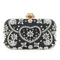 Detailed front view of luxury black evening bag with pearl floral embroidery and crystals - Black