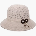 Cappello da sole in maglia traforata beige crema da donna con perline di legno e nappe - Beige Scuro