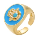 Gouden Hamsa-hand ring met blauw emaille en turquoise edelsteen verstelbaar - Verstelbaar Open / Blauw