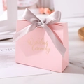 Detailed macro view of a pink trapezoid wedding candy gift box with a grey satin ribbon - Small / Pink Wedding Ceremony (Silver Ribbon)