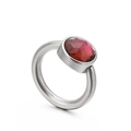 Polished silver titanium steel ring featuring a deep red cat-eye stone in bezel setting - Rose Red Crystal (KR82283-K)