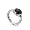 Minimalist silver titanium steel ring featuring a faceted round black cat eye stone - Black Crystal (KR88988-K)
