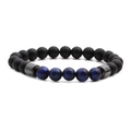 Detail of matte black onyx and blue tiger eye beaded bracelet with metal spacers - Matte Deep Blue Tiger Eye
