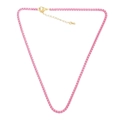 Detailed view of pink chain necklace featuring gold lobster clasp and extension link - Pink