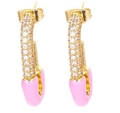 Gold rectangular drop earrings with white zircon inlay and pink enamel finish - Pink