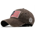 Detailed side view of washed cotton baseball cap with USA flag patch and side embroidery - Adjustable / Coffee