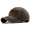 Detail of embroidered Always New York City text on vintage washed cotton baseball cap - Coffee