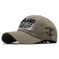 Vintage khaki cotton baseball cap with LAND embroidery and outdoor adventure patches - Khaki