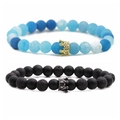 Set de 2 pulseras de corona con ágata azul y cuentas de piedra de lava negra 8mm - Juego De Corona Dorada Estilo 1