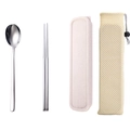 3-Piece stainless steel cutlery set with beige storage box and mesh travel pouch - Silver Color Spoon Chopsticks 2-piece Set with Mesh Bag